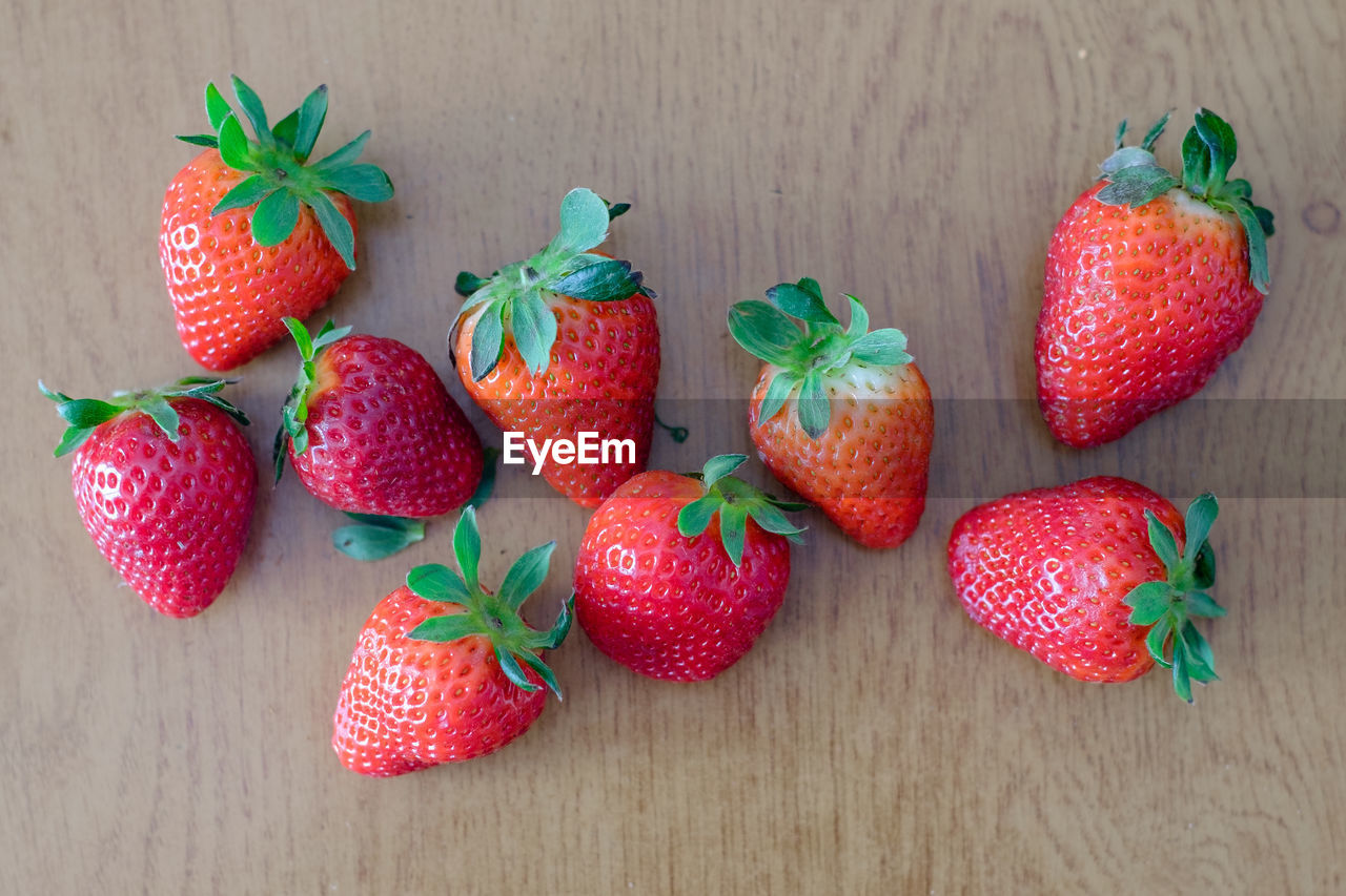 High angle view shot of strawberries on table