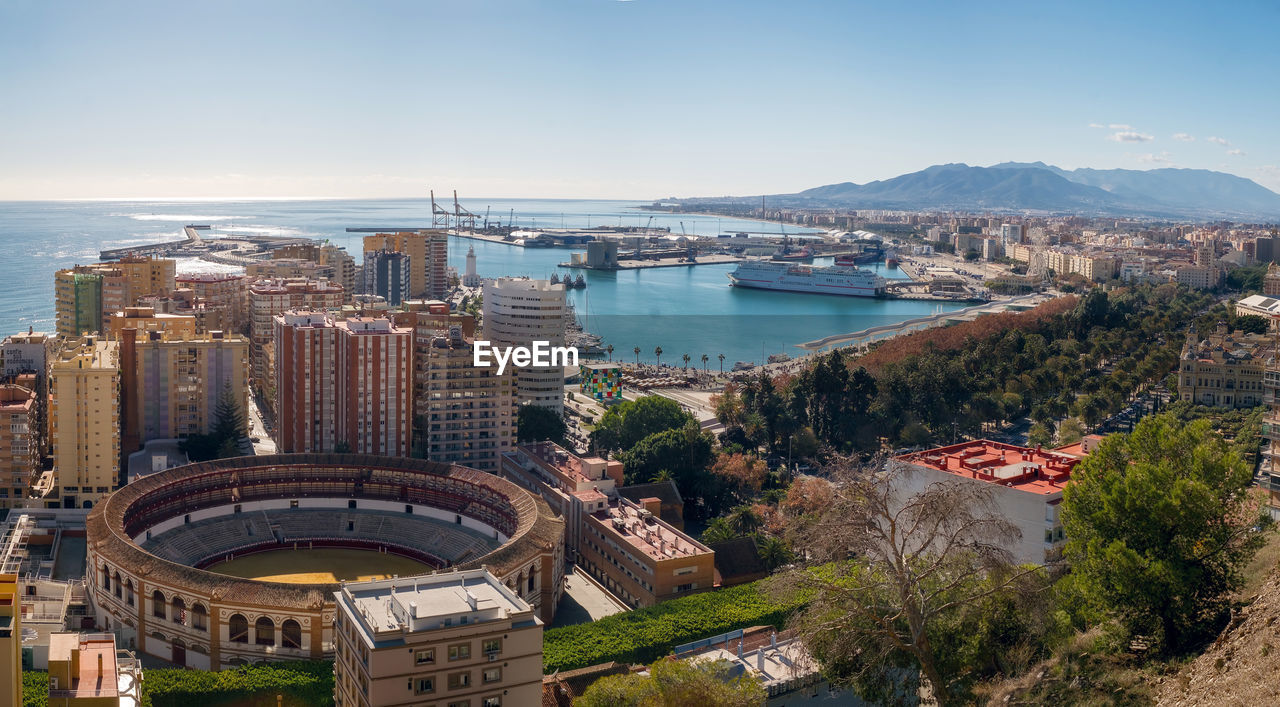 Panoramic view of the malaga city and harbor, spain