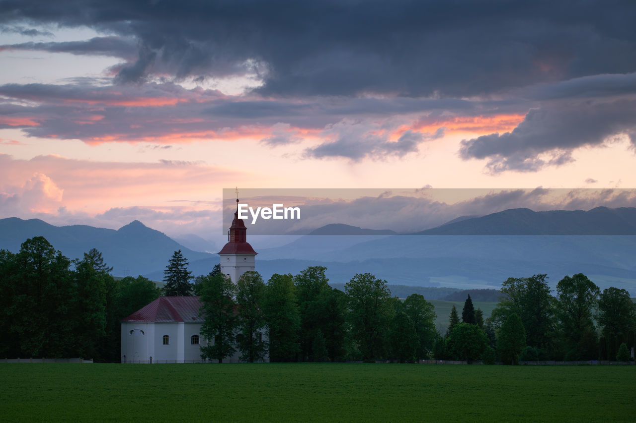 Rural landscape with a church in turiec region, central slovakia.