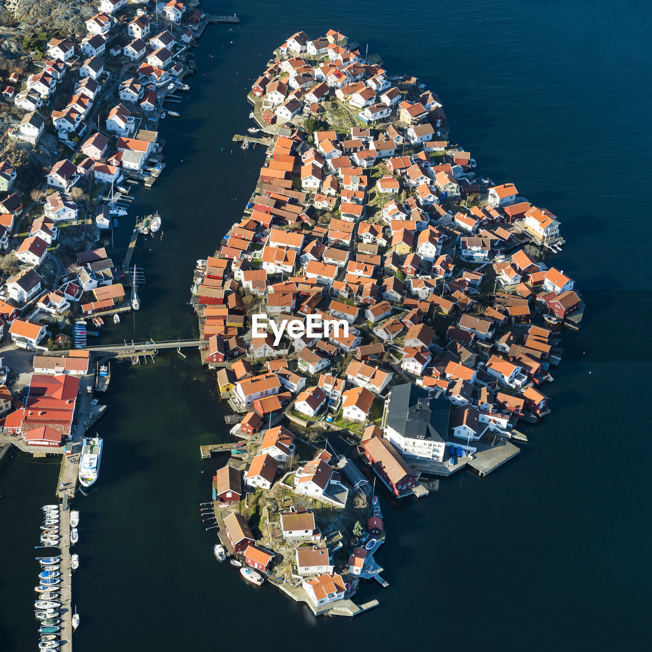 Aerial view of buildings at sea