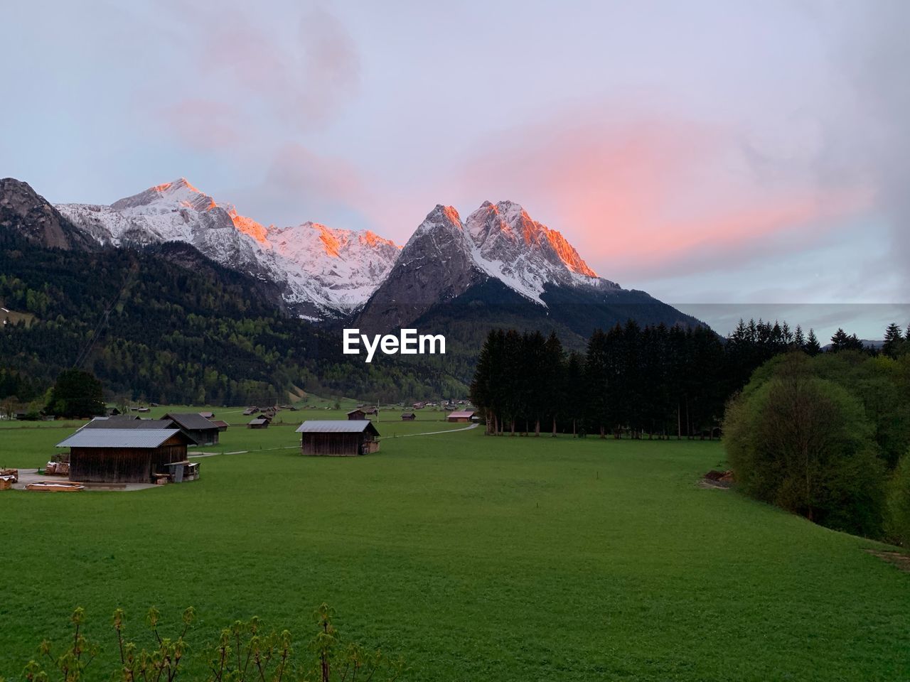 Scenic view of field and mountains against sky