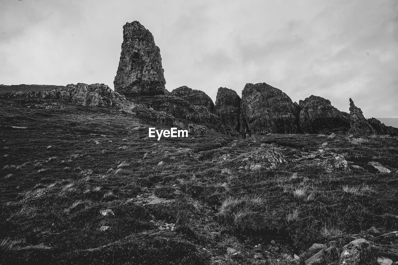 Walking track up to the old man of storr rock formation. isle of skye, scotland.