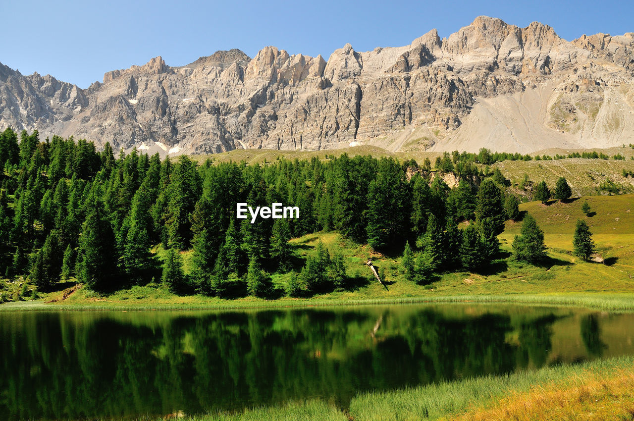 Mirror lake and pine forest above the village of ceillac, queyras regional natural park, france.