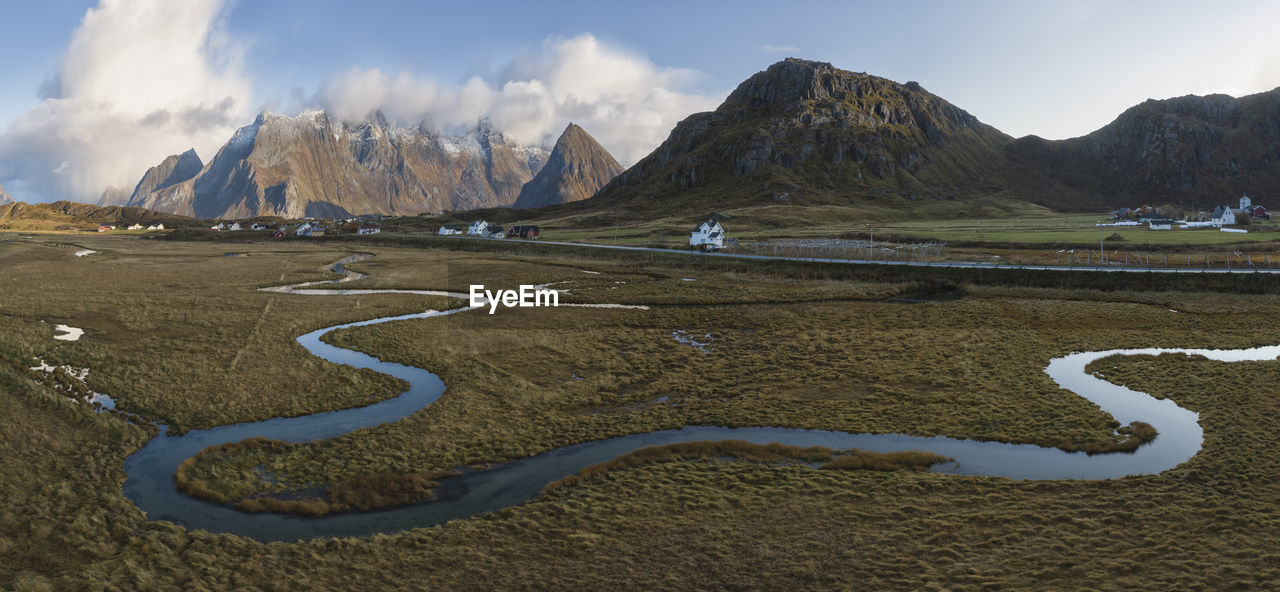 Panoramic view of the mountains and islands around lofoten