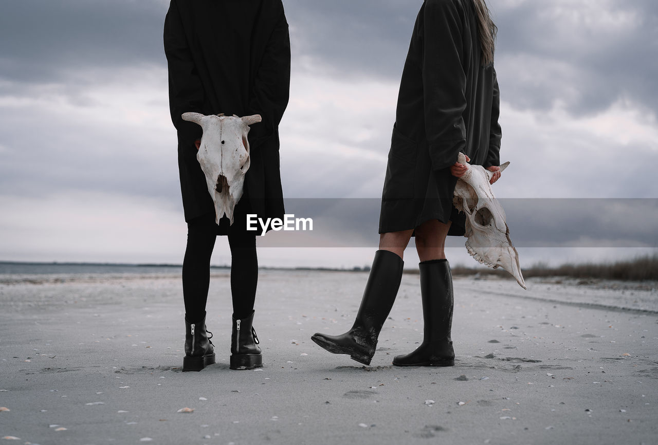 Friends walking on beach against sky