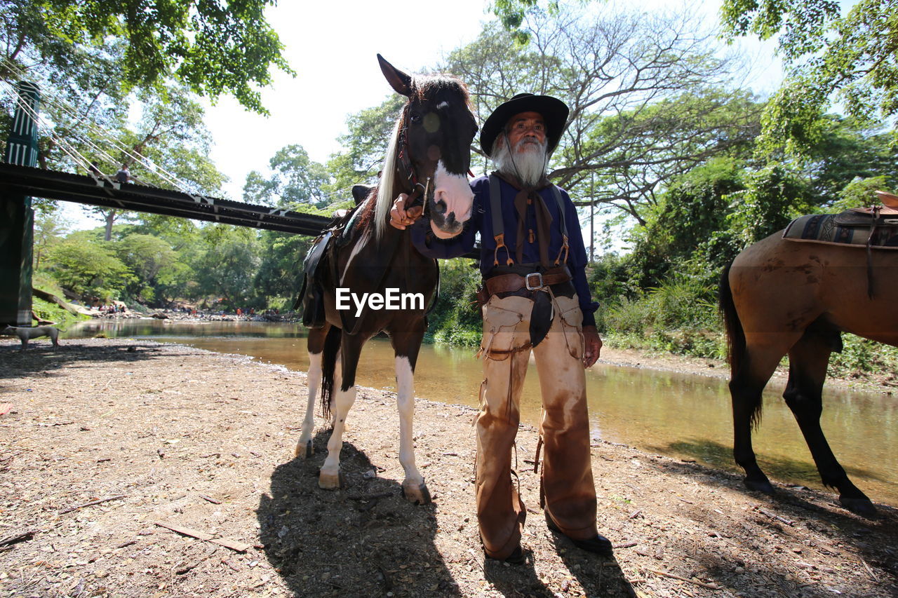 Man with horses standing by stream