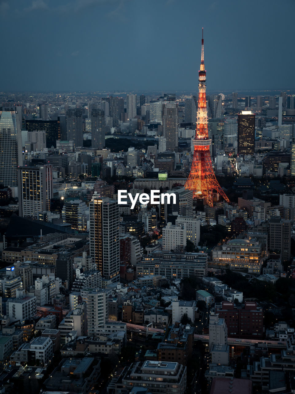 High angle view of buildings and tokyo tower at dusk