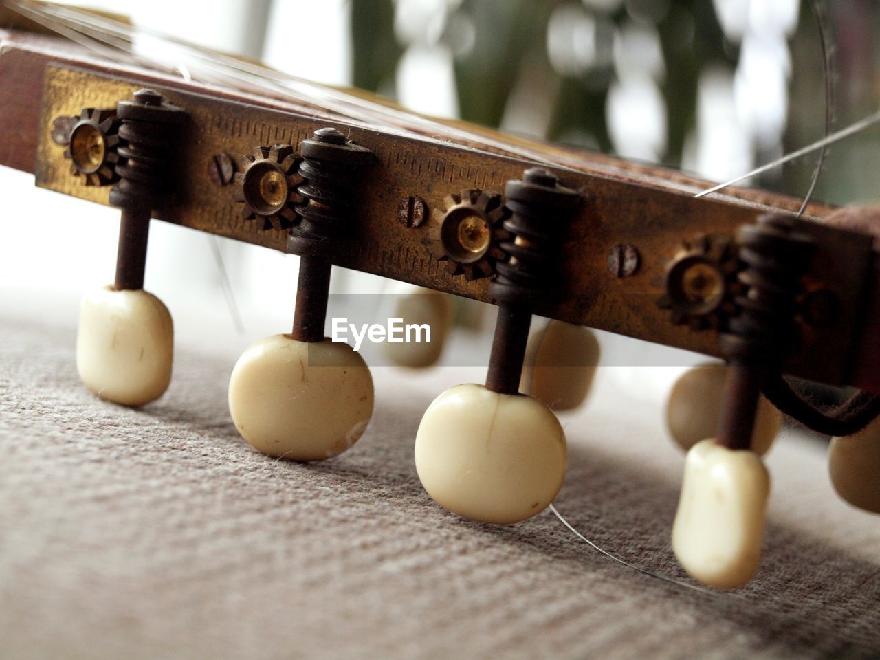 Close-up of musical equipment on table