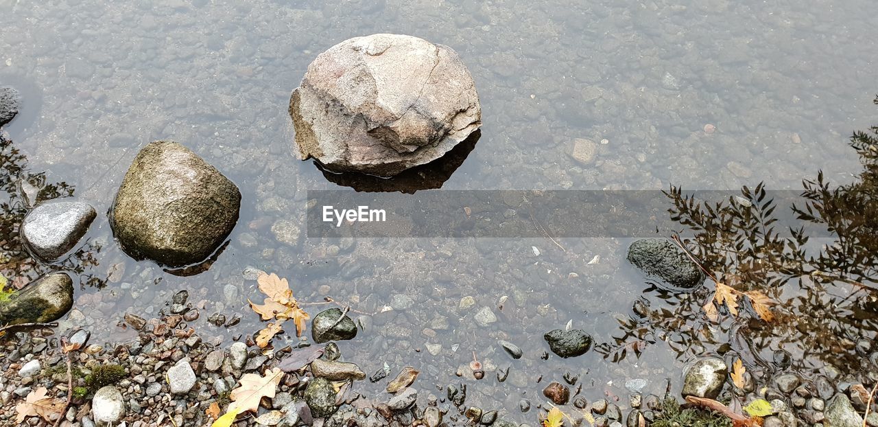 HIGH ANGLE VIEW OF PEBBLES ON SHORE