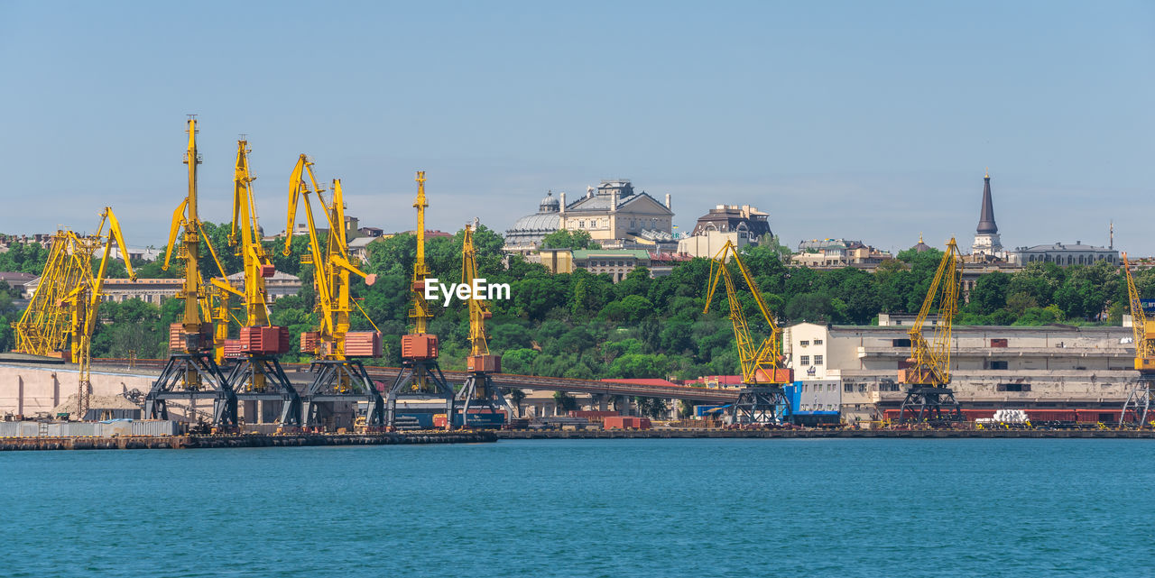 View from the sea of the cargo port and container terminal in odessa, ukraine