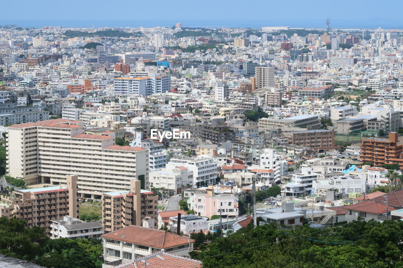 High angle shot of townscape against sky