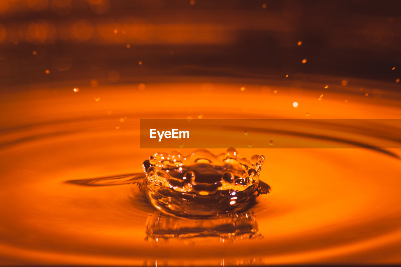 CLOSE-UP OF WATER SPLASHING ON ORANGE