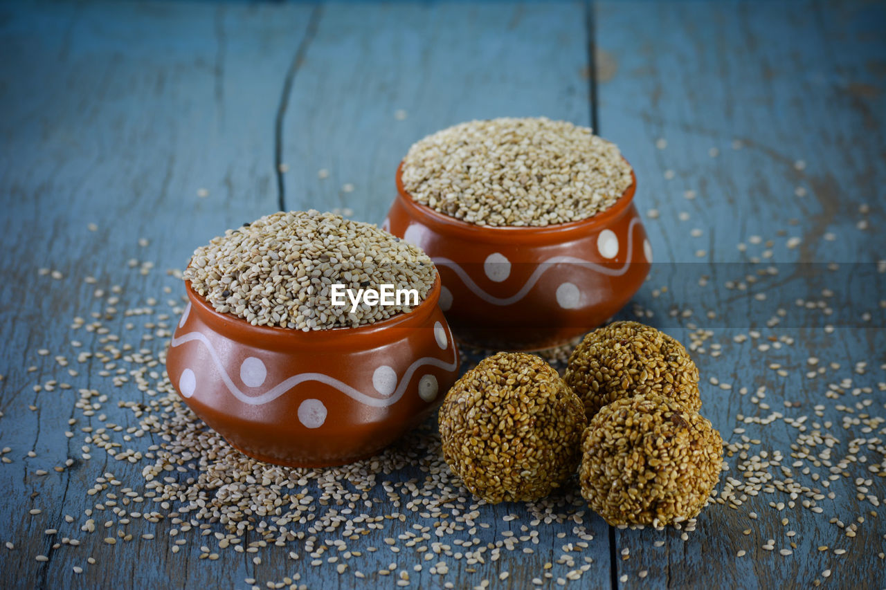 Sesame seeds and sesame laddu, indian festival makar sankranti concept