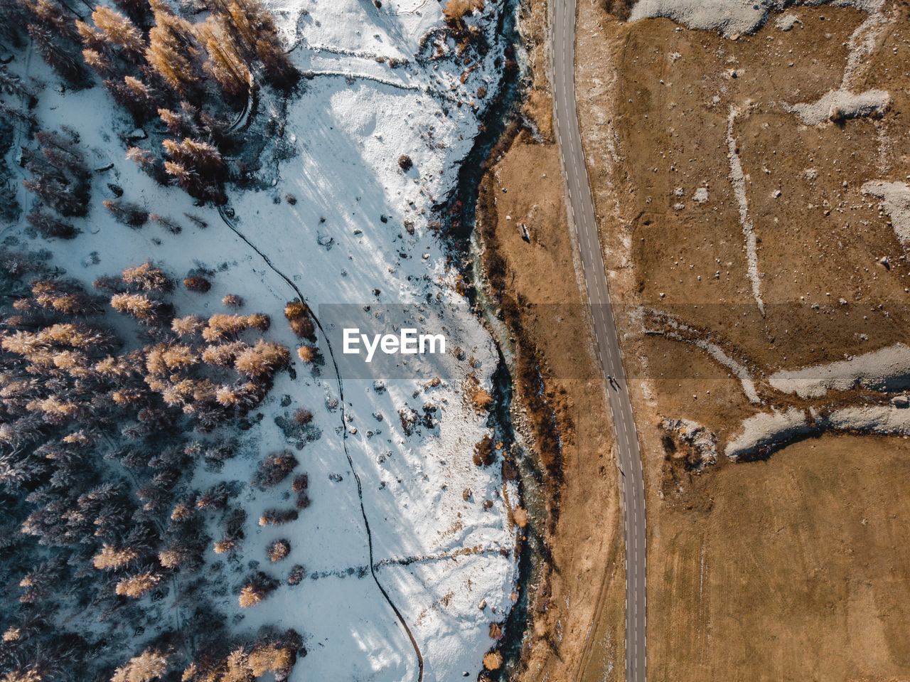 High angle view of snow covered land