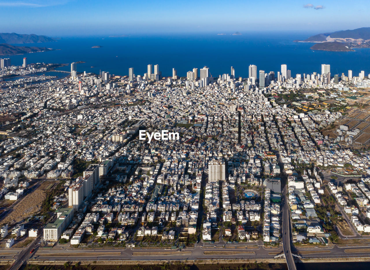 High angle view of buildings in city