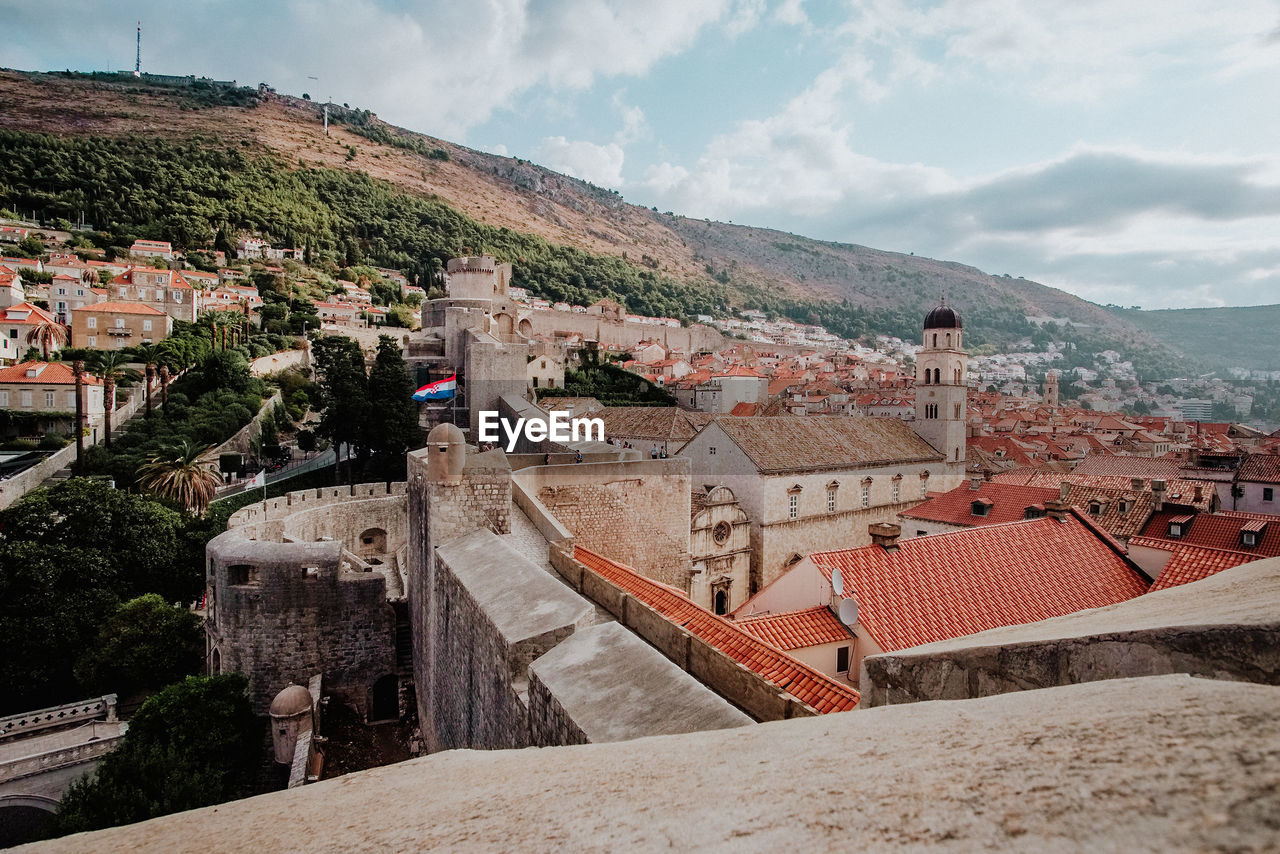 High angle view of old buildings in town