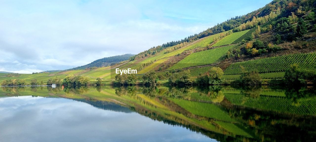 SCENIC VIEW OF LAKE BY MOUNTAIN AGAINST SKY