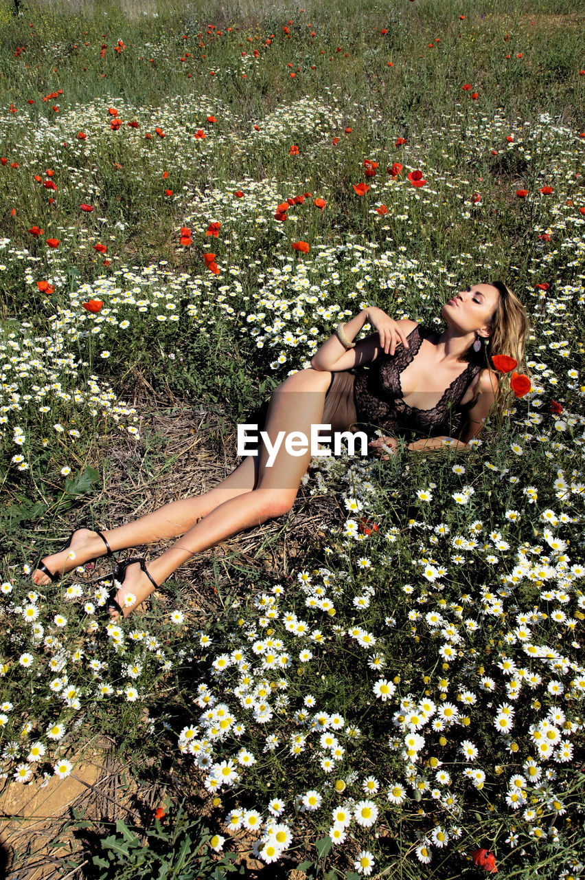 High angle view of woman lying down amidst flowers