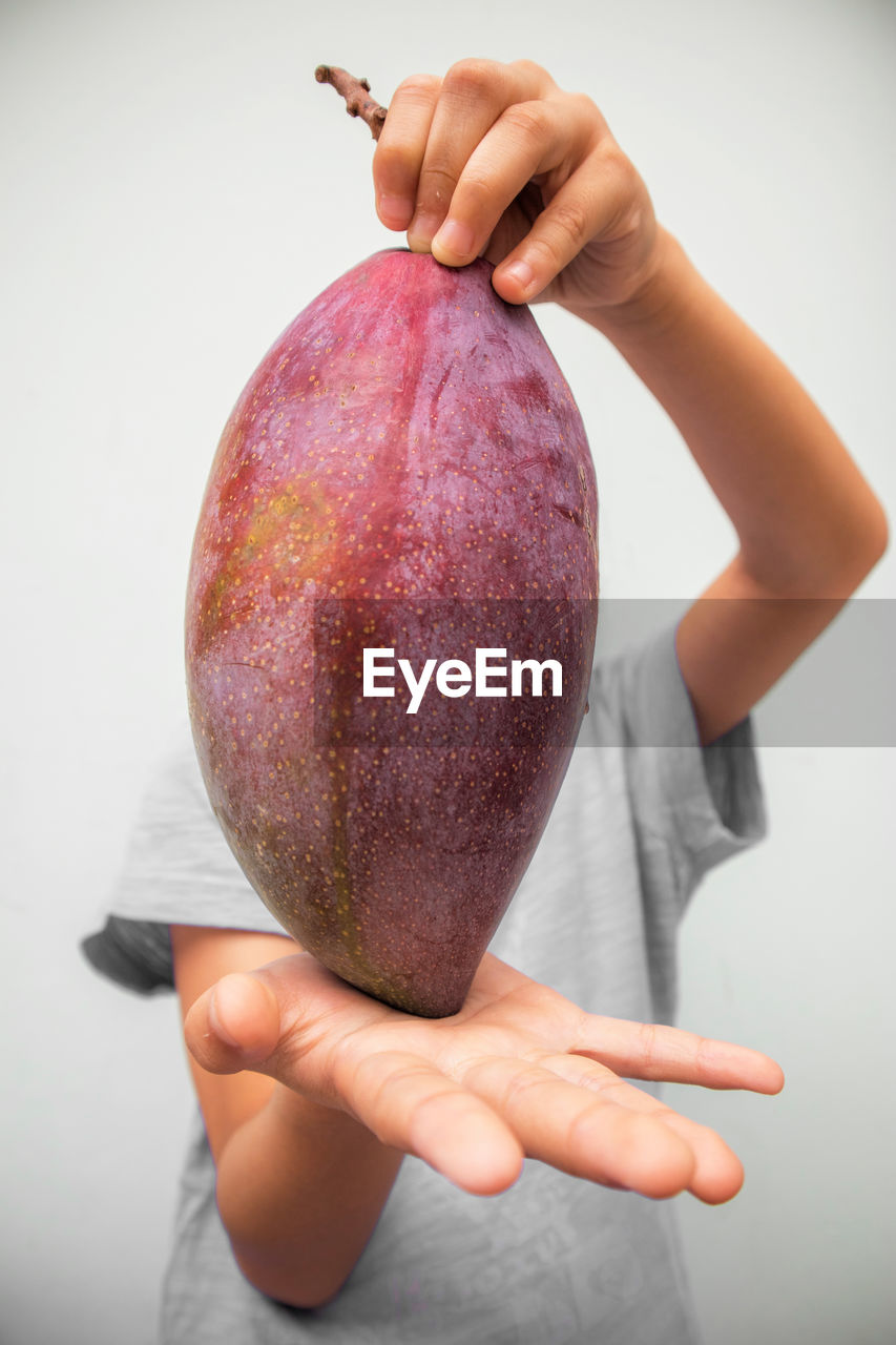 Close-up of hand holding mango against white background