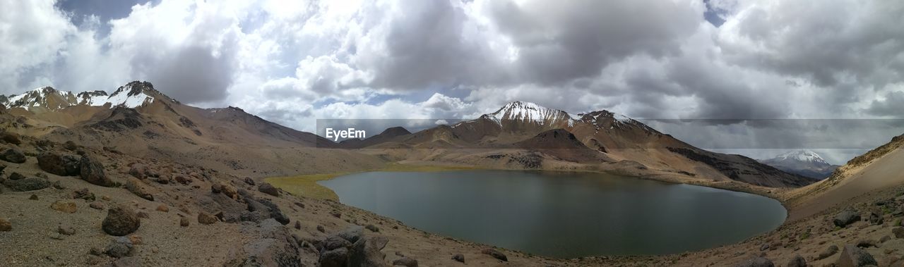 High altitude lagoon and snowcapped mountains in bolivia