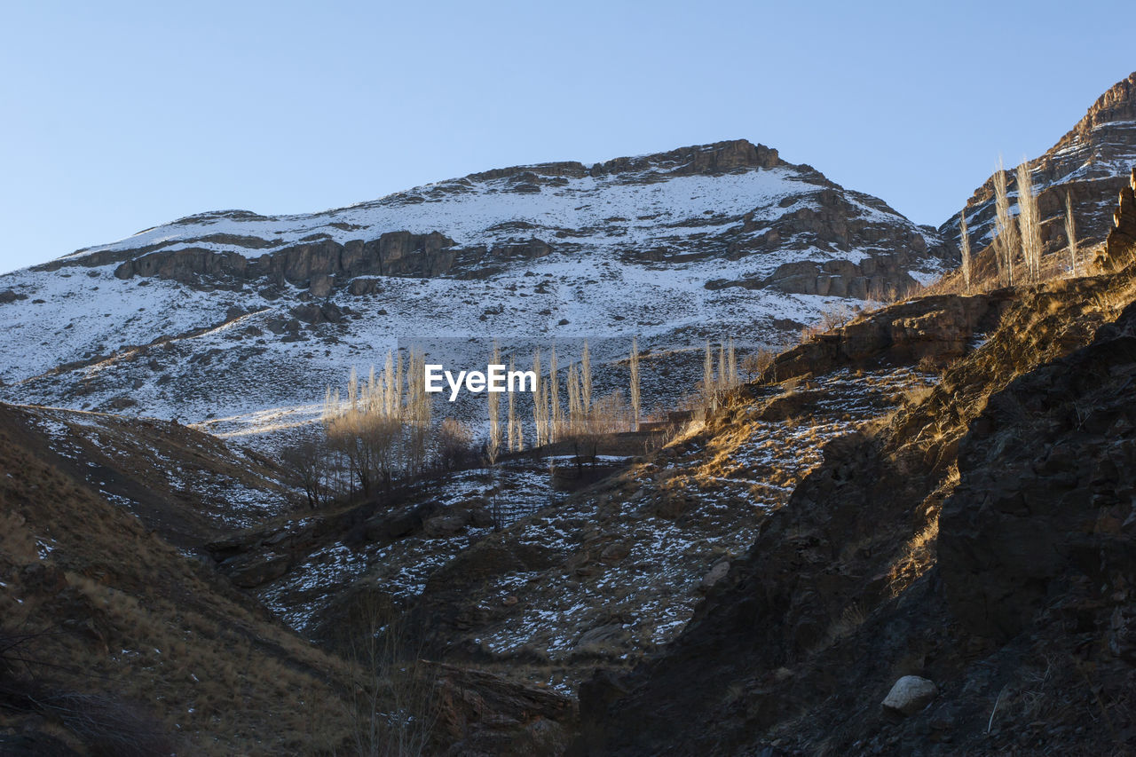 Scenic view of snowcapped mountains against clear sky