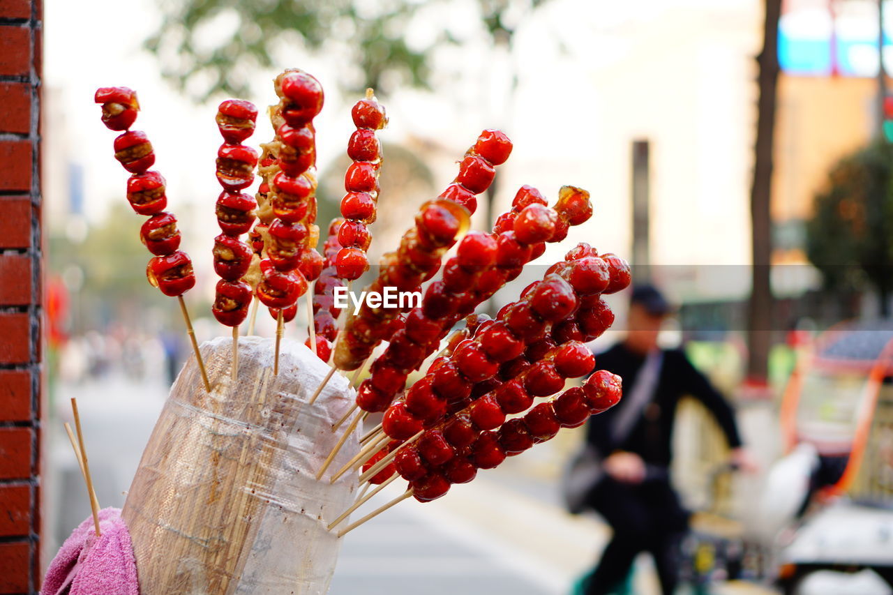 Red berries hanging on metallic structure