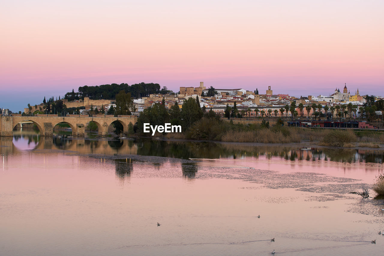 Badajoz city at sunset with river guadiana in spain