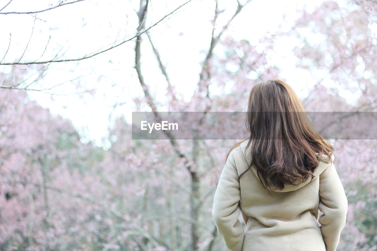 Midsection of woman standing by tree against plants