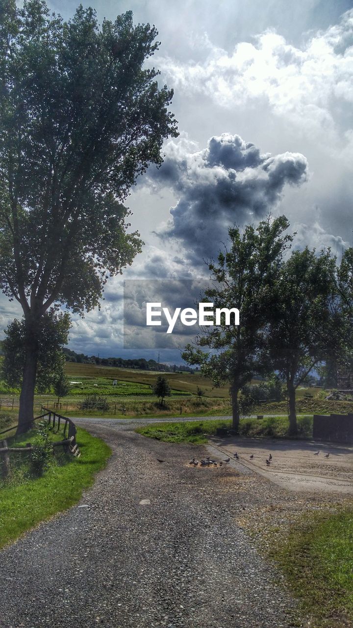 ROAD PASSING THROUGH FIELD AGAINST CLOUDY SKY