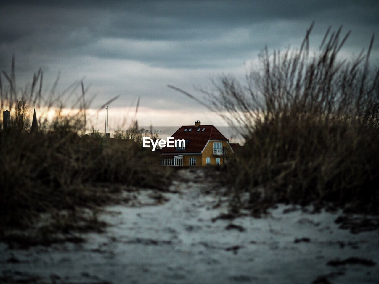 HOUSE AND TREES ON FIELD AGAINST SKY DURING WINTER