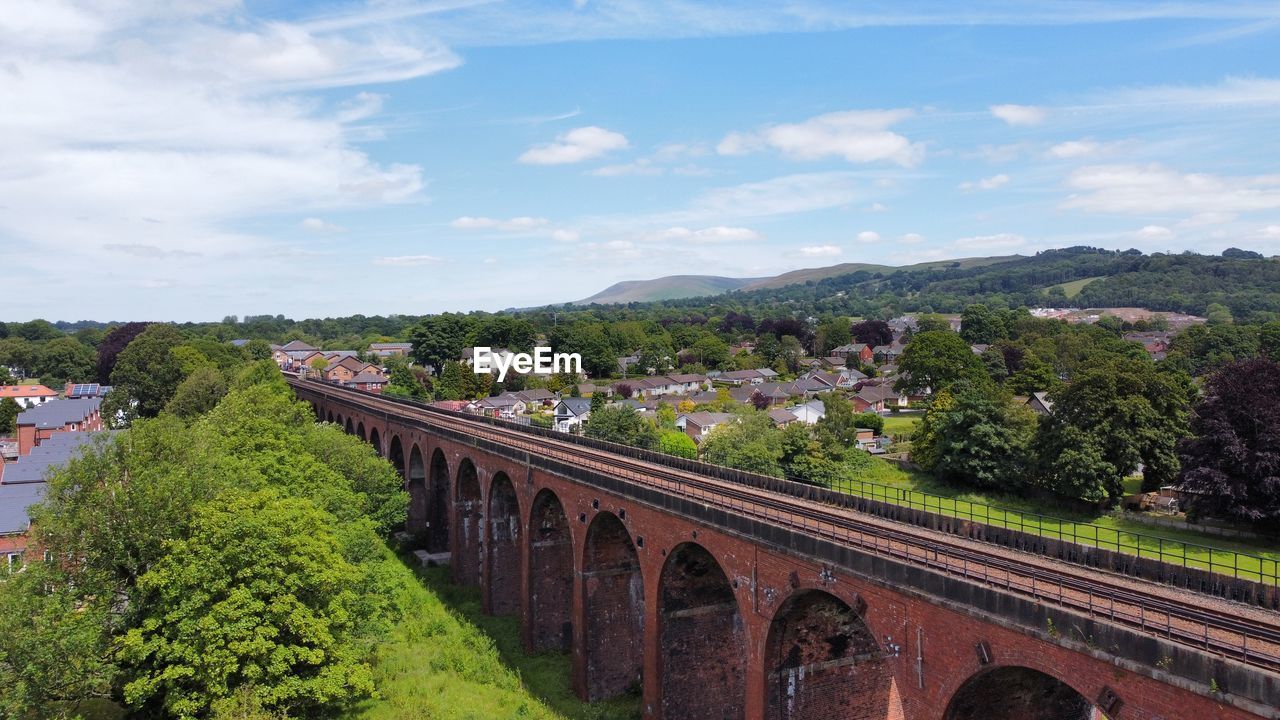 Railway bridge over countryside with sky background 