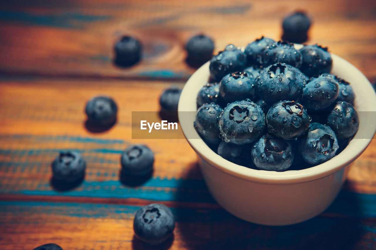 high angle view of blueberries on table