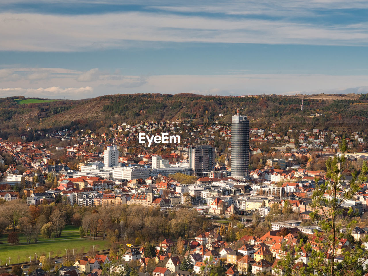 High angle shot of townscape against sky