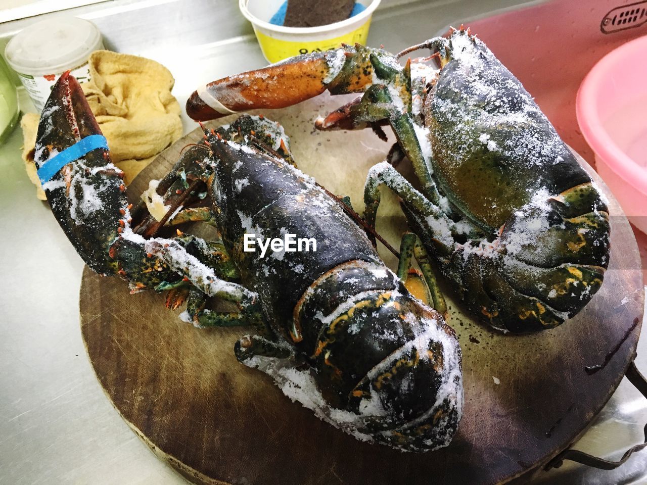 High angle view of lobsters on wood