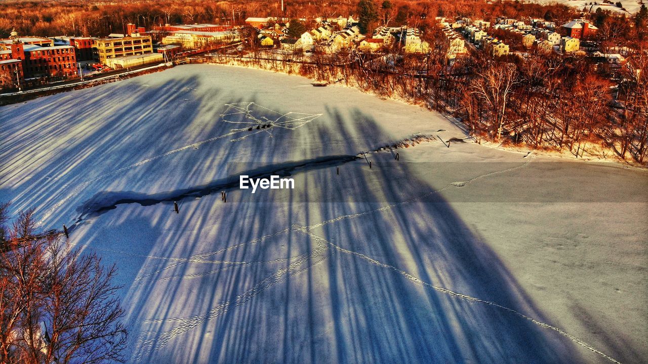 High angle view of street during winter
