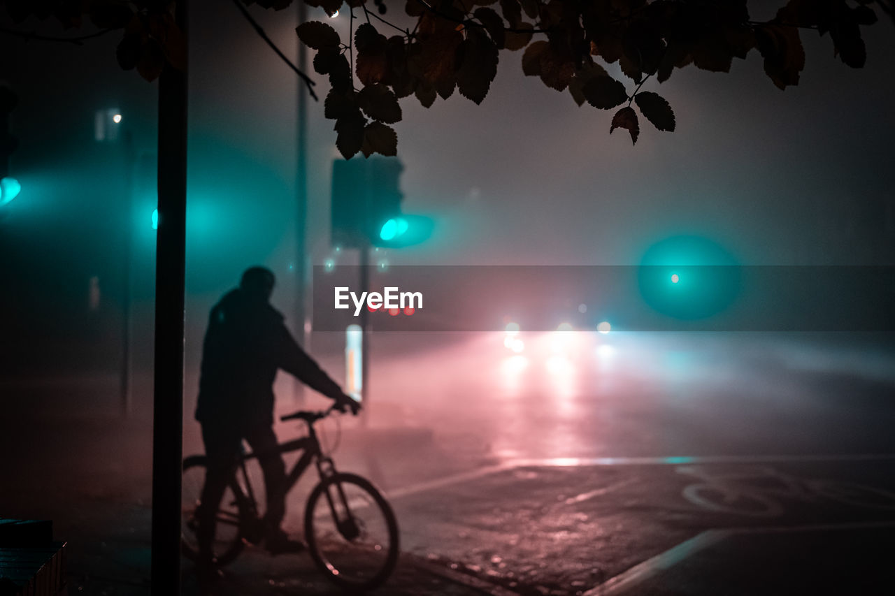 Rear view of man riding bicycle on street at night