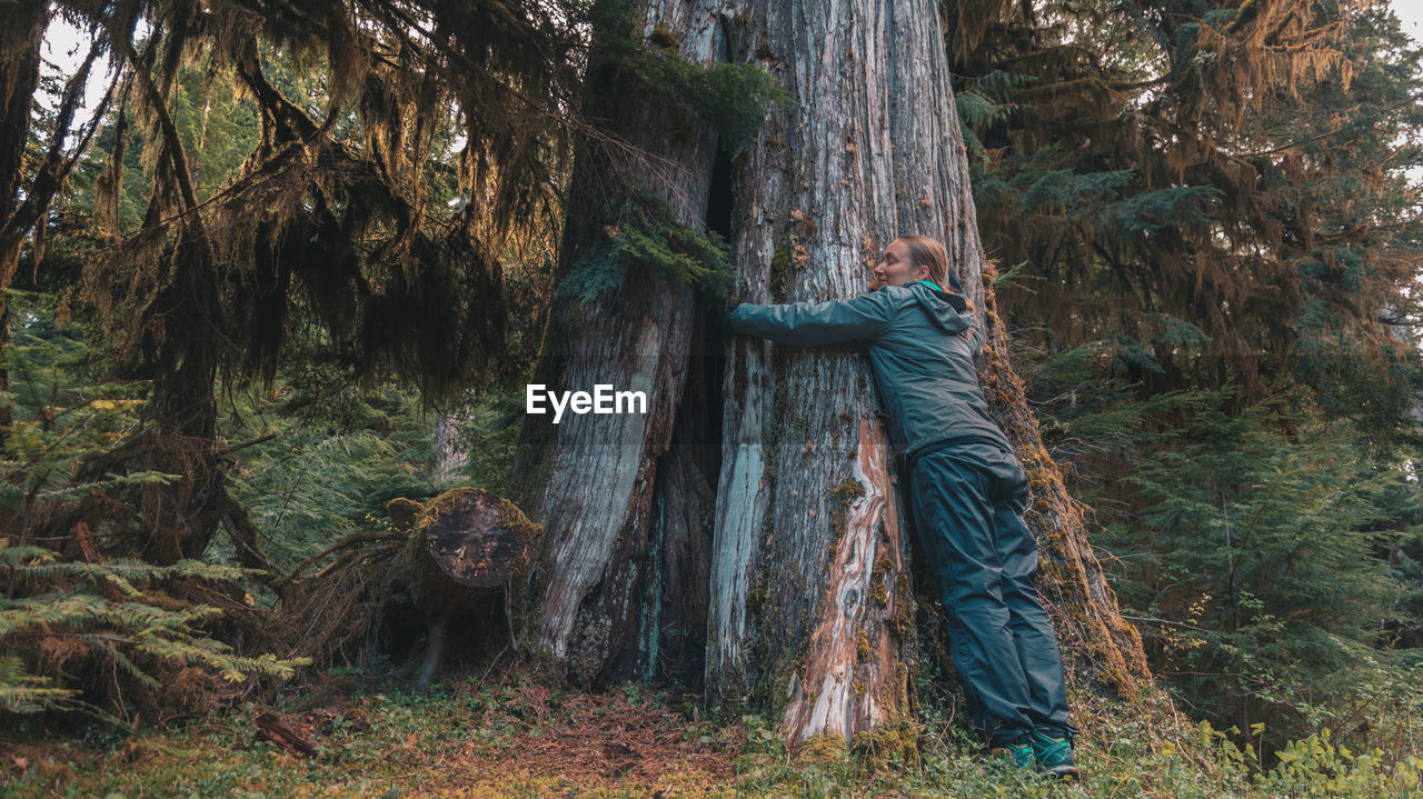 Young woman hugging tree at vancouver island