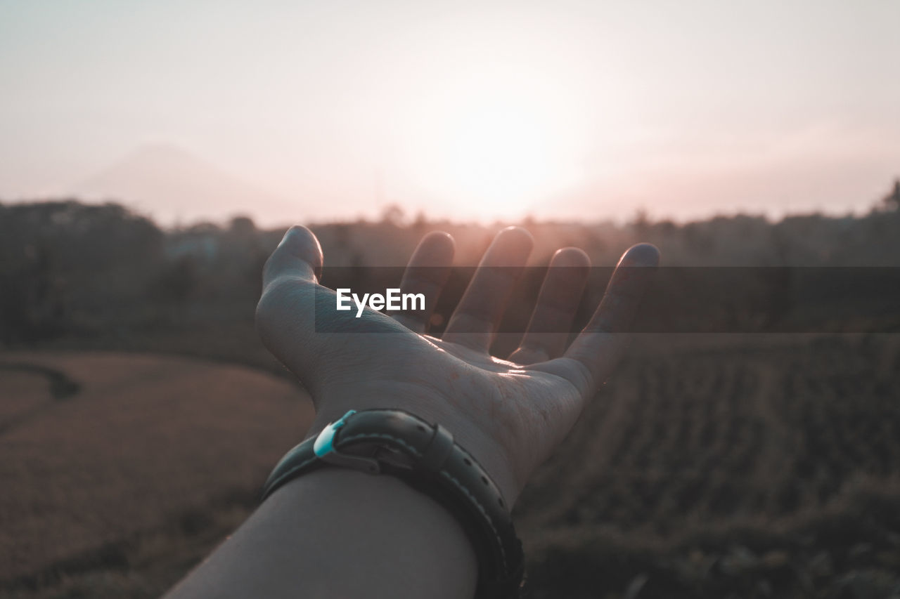 Cropped image of hand wearing wristwatch during sunset