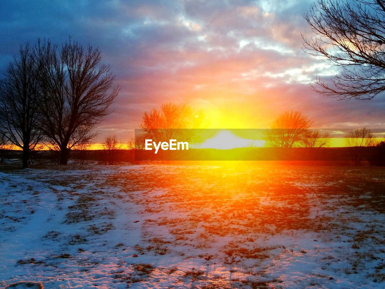 Snow covered field during sunset