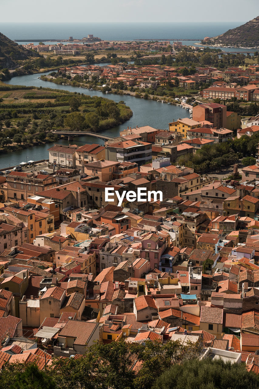 Aerial view to old town and river n sardinia italy
