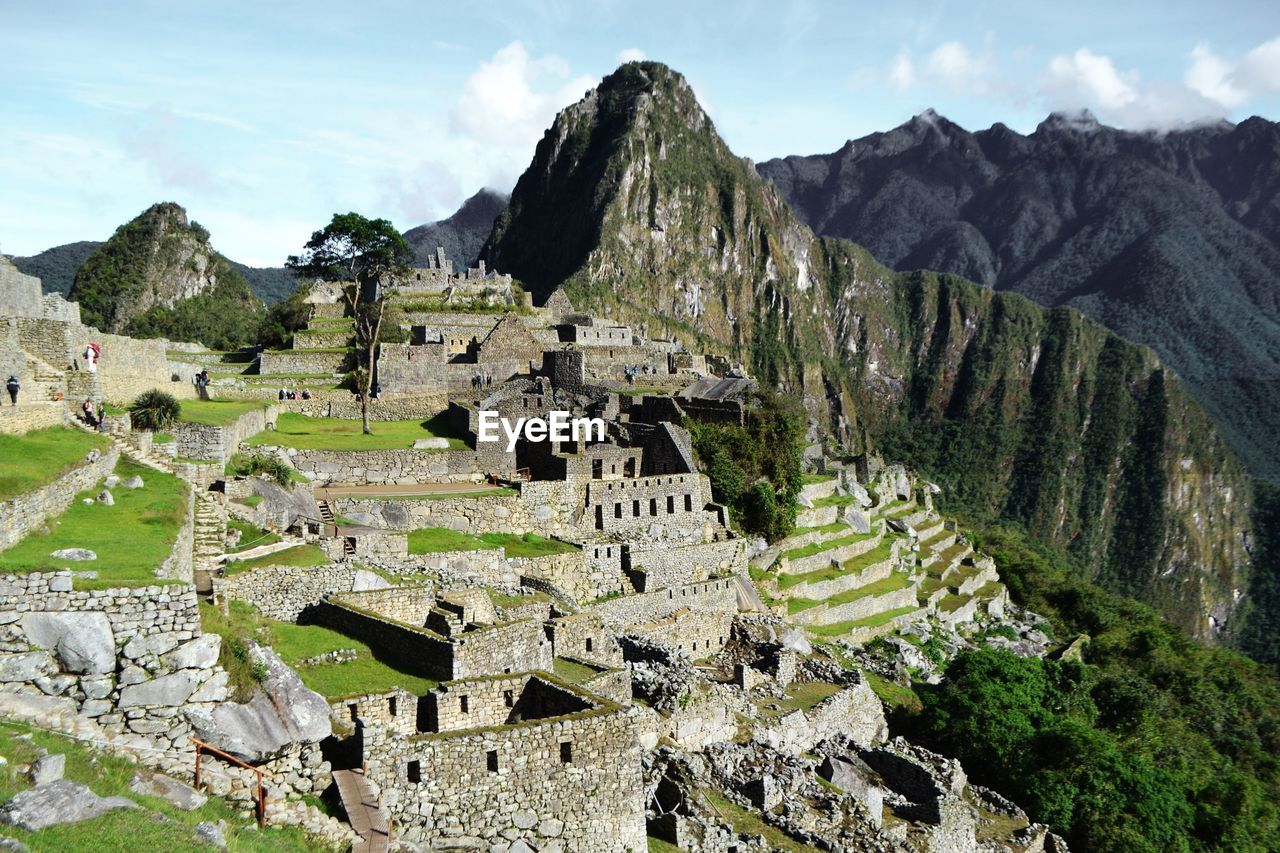 High angle view of old ruins against sky