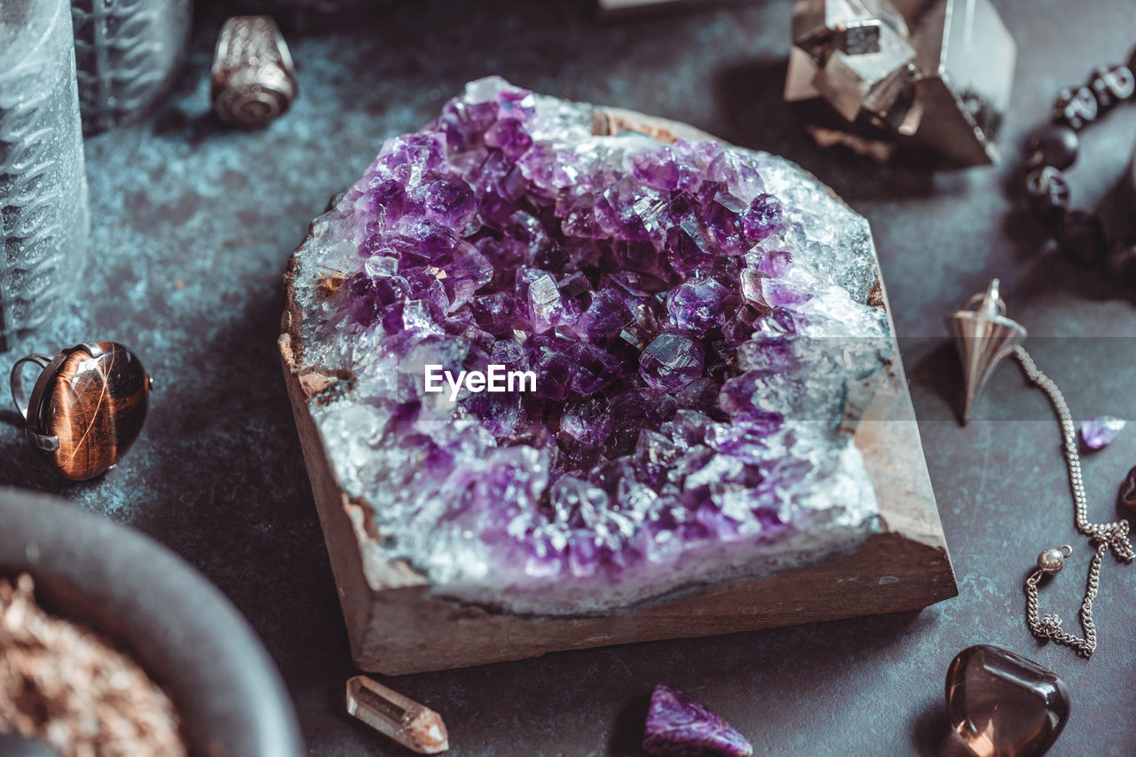 High angle view of amethyst on table