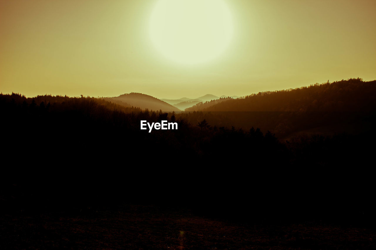 SILHOUETTE OF TREES ON MOUNTAIN RANGE