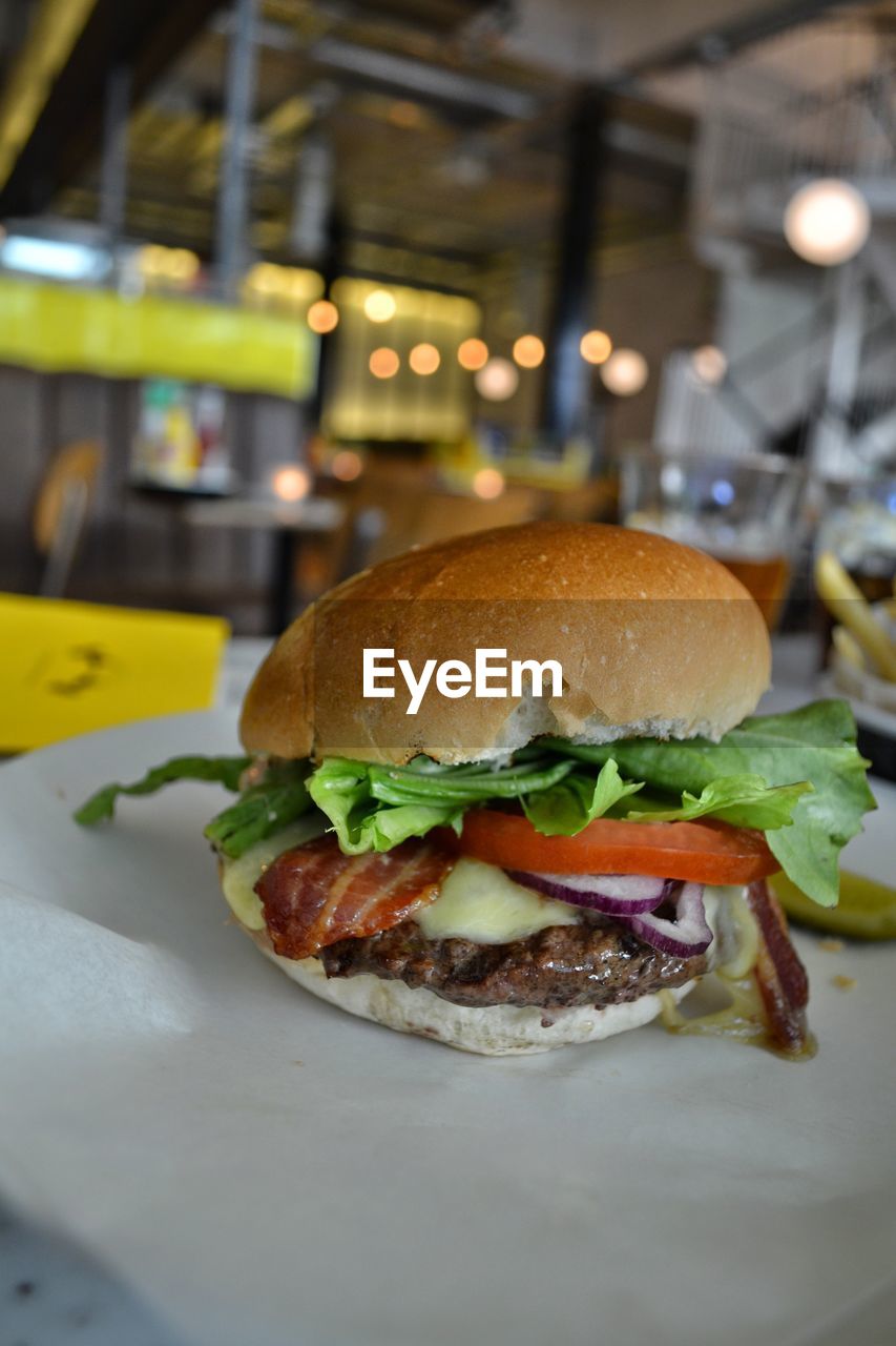 Close-up of burger on table