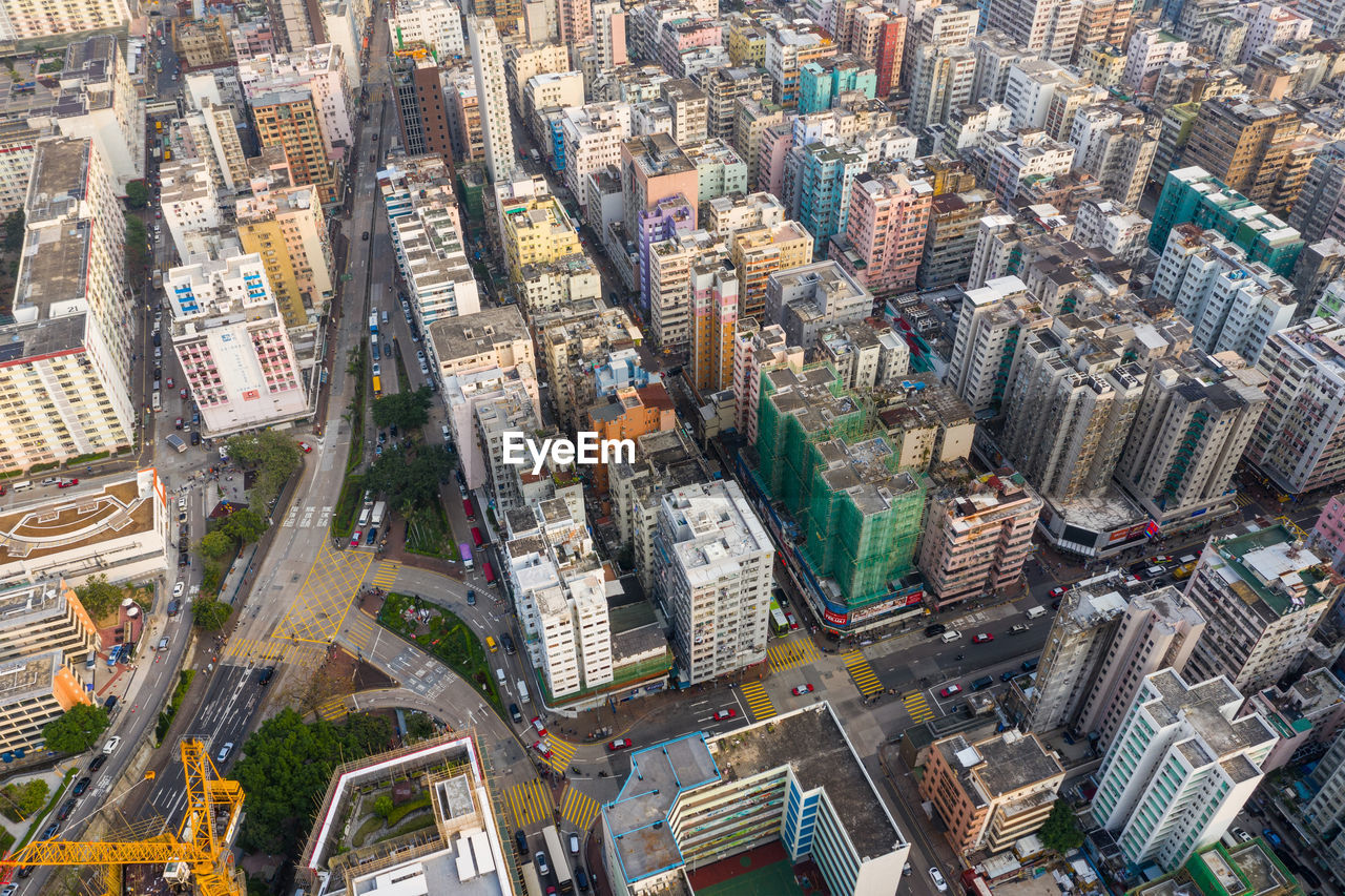 High angle view of modern buildings in city