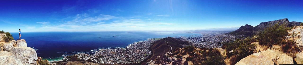 Panoramic view of sea against clear blue sky