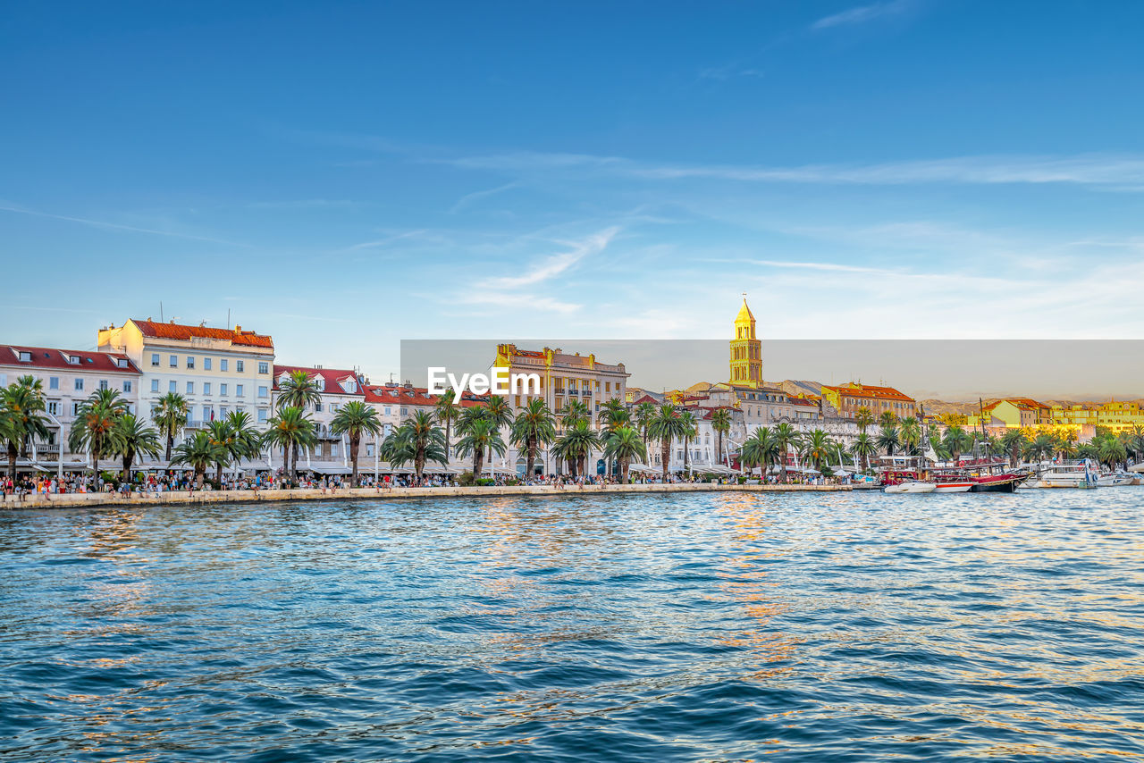 Scenic view of the city of split in croatia in warm summer sunset light