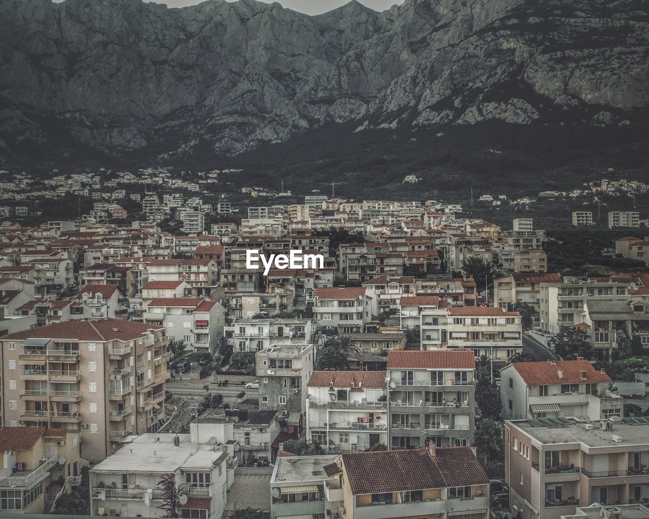 High angle view of buildings in city