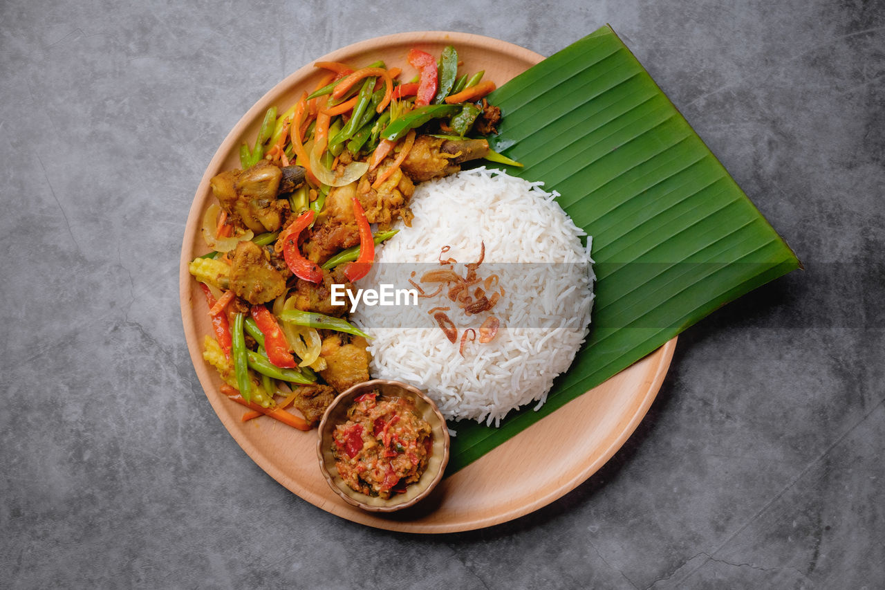 High angle view of meal in plate on table