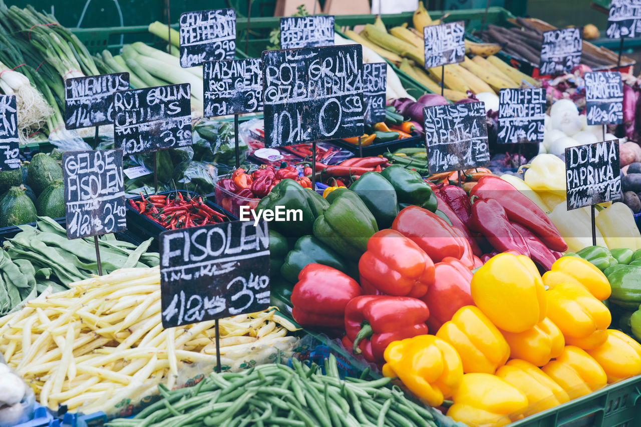High angle view of vegetables for sale at market stall